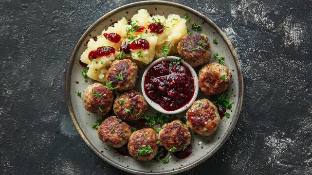 Delicious Swedish Meatballs with Mashed Potatoes and Cranberry Sauce