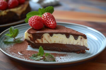 Elegant chocolate cheesecake topped with fresh raspberries and strawberries on a ceramic plate