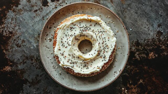 Cream Cheese Bagel on Rustic Plate with Seeds