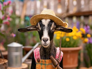 Charming goat in a straw hat posing in a garden surrounded by plants
