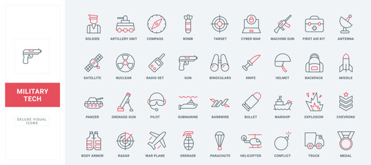 Military equipment, combat war weapon line icon set. Missile bomb and grenade, pistol and medal of army soldier, target of gun and drone thin black and red outline symbols vector illustration