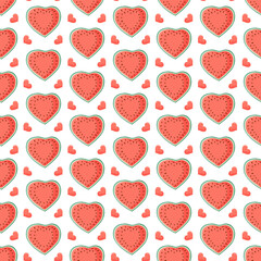 Heart shaped watermelon slices seamless pattern. Summer fruit vector illustration. Tropical fruit background for Valentines day, baby fabric, kids textile, packaging, wrapping, scrapbook, wallpaper.
