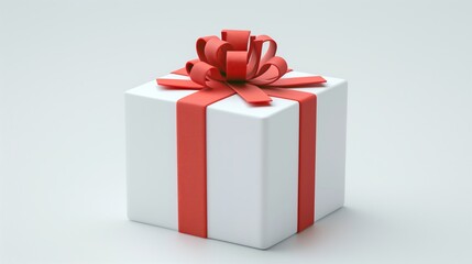 Fototapeta premium A beautifully wrapped white gift box with a red ribbon and bow