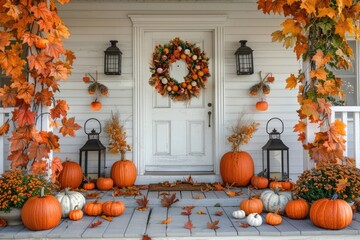Autumn porch decoration with pumpkins, lanterns, and fall leaves