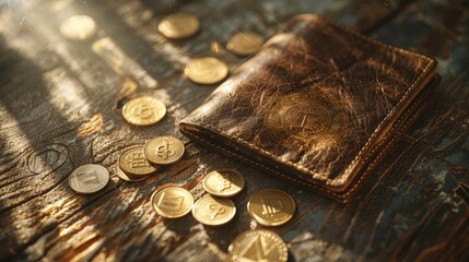 A vintage leather wallet resting on a textured surface, surrounded by scattered coins glowing in warm sunlight.