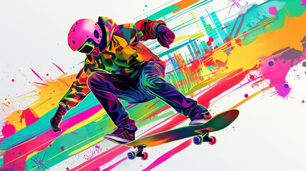 A vibrant and dynamic illustration of an extreme skateboarder, wearing colorful gear with intricate details, performing st aerialsc-body graffiti-style art 