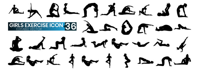 A girl's exercise vector icon set usually includes a collection of stylized, minimalistic illustrations of various fitness activities and sports specifically targeted at a female demographic.
