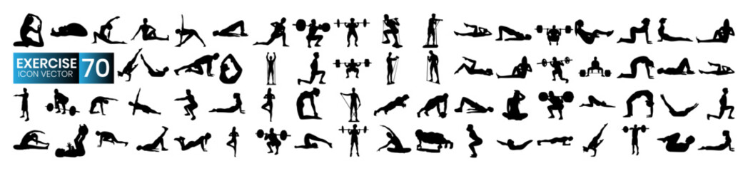 A vector icon set related to exercise is created representing various fitness activities, and concepts. Here is the exercise vector icon set