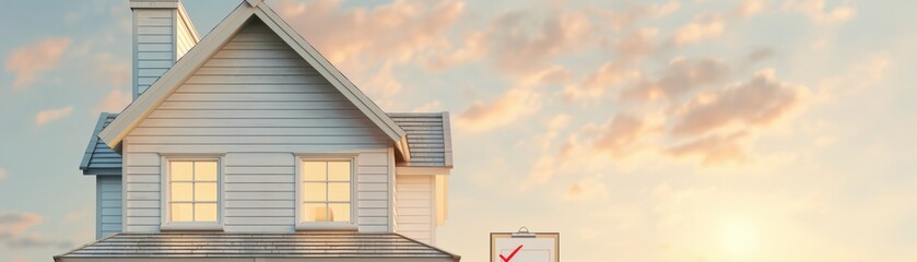 A charming house with a bright facade and warm light glowing from the windows, set against a beautiful sunset sky.