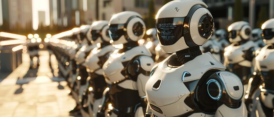 Fototapeta premium Illustration of a row of white robots with light shining from behind