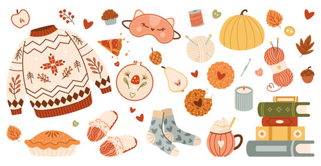  Autumn set of cozy design elements. Fall mood. Hygge style, hand drawn vector, scandinavian doodle sketchy elements. Autumn plants, food, Fall, Thanksgiving Day, Autumn season. Vector flat