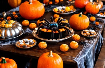 Jack-o-Lantern pumpkin on a rustic wooden table. Halloween time. Halloween holiday dinner prop decoration with wood table background. Halloween table decorations