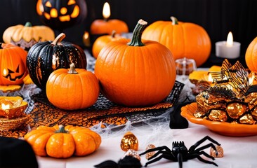 Jack-o-Lantern pumpkin on a rustic wooden table. Halloween time. Halloween holiday dinner prop decoration with wood table background. Halloween table decorations