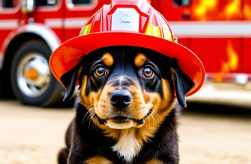 Dog fireman sitting next to fire truck. Dog sitting in fireman uniform on the street.