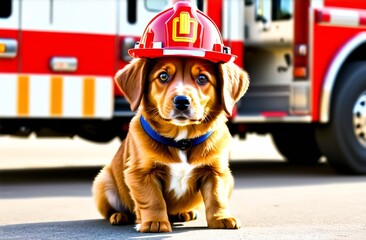 Dog fireman sitting next to fire truck. Dog sitting in fireman uniform on the street.
