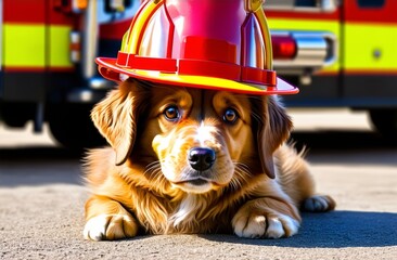 Dog fireman sitting next to fire truck. Dog sitting in fireman uniform on the street.