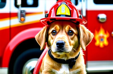Dog fireman sitting next to fire truck. Dog sitting in fireman uniform on the street.