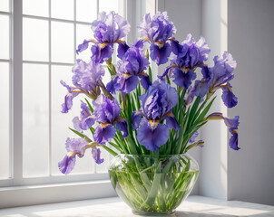 close-up of a bouquet of irises in a vase on a white windowsill