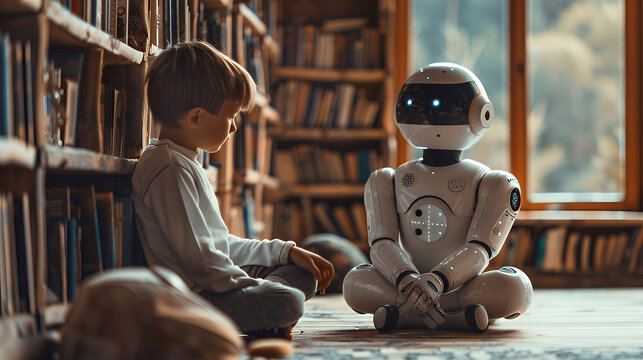 A child and a humanoid robot are sitting on the floor and talking together. Communication human with the robot. Modern technology and everyday life.
