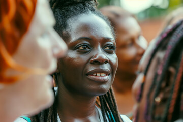 Obraz premium Close Up of Women in a Diverse Group Gathering Outdoors on a Sunny Day