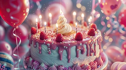 Delicious cake with lit candles on a beige background