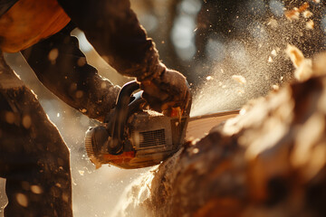 Lumberjack Using Chainsaw to Cut Wood in Forest Highlighting Hard Work and Precision