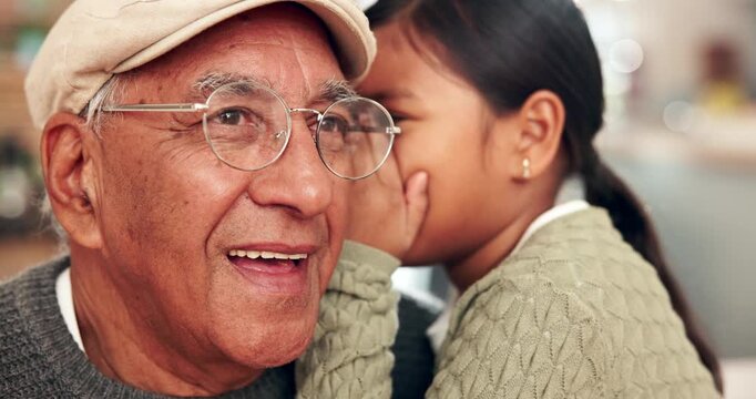 Face, grandfather and girl with gossip in home for fun, news and bonding on sofa. Family, people and whisper in ear for secret or private conversation in living room on couch for discussion and trust