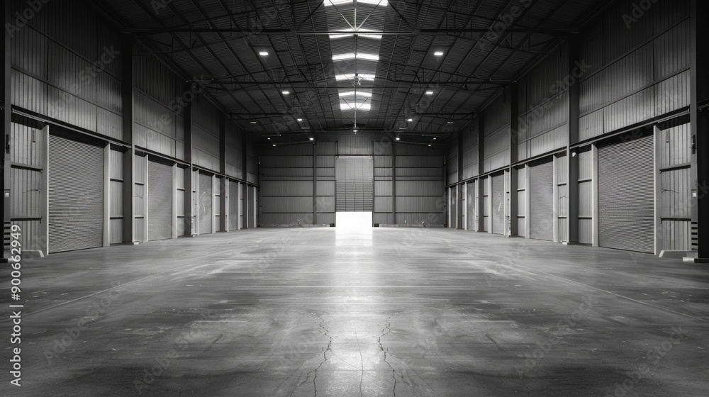 Poster a large empty warehouse with a white door in the middle