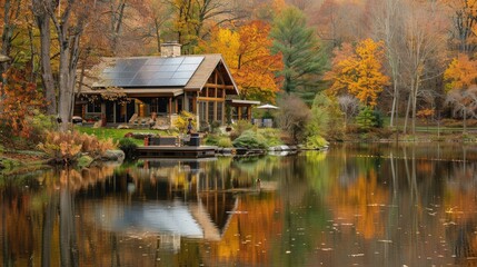 Fototapeta premium A picturesque home on a tranquil river, solar panels strategically placed around, highlighting eco-friendly living in harmony with nature.