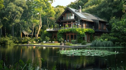 Obraz premium A scenic house on a pond, surrounded by lush greenery and solar cells, illustrating the integration of renewable energy in a picturesque setting.