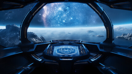 Spaceship Cockpit Overlooking Starry Space And Distant Planets With Advanced Control Panels In Futuristic Design