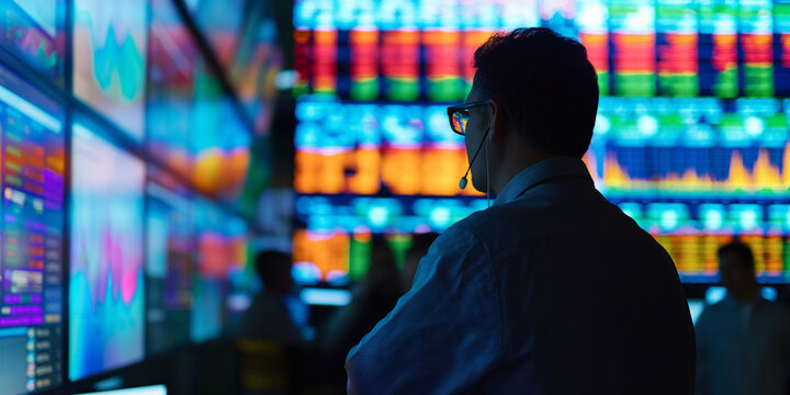 Stock Trader Analyzing Financial Data on Multiple Monitors in Busy Trading Room