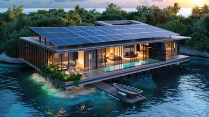 Fototapeta premium An elegant water villa with sleek solar panels on the roof and around the property, blending luxury with eco-friendly design.