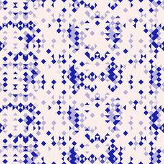 Faded electric blue glitch geo washed effect seamless pattern. Indigo dye grungy blotched distress abstract background texture repeat. 