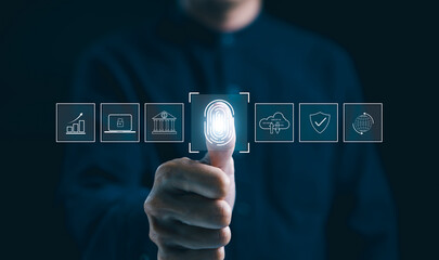 Futuristic biometric authentication technology concept. Man is touching a fingerprint scan with...
