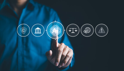 AI Laws and Regulations Concept. Businessman touching digital icons representing artificial...