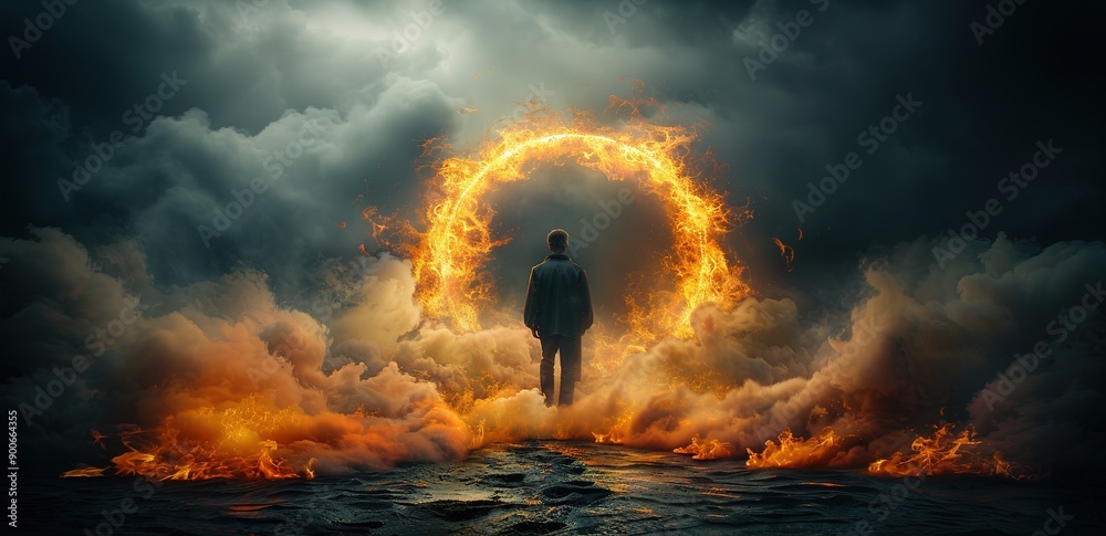 Wall mural illustration of a man walking towards a circle of fire surrounded by white smoke and a black floor