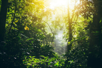 Obraz premium Sunlight Filtering Through Dense Tropical Forest Canopy in Early Morning