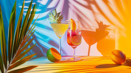 Alcoholic fruit drink on the rocks, colorful, fresh cocktail drink, glass juice, summer, party, drink, tropical bar.