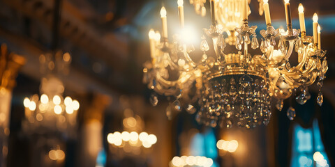 Elegant Crystal Chandelier in Luxurious Interior with Warm Lighting and Bokeh Background