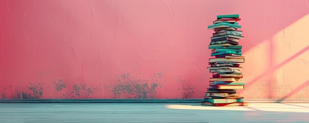 Some piles of books on the gray floor and pink walls