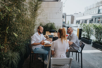 Young business entrepreneurs strategizing and collaborating on a project outdoors, promoting teamwork for improvement and growth.