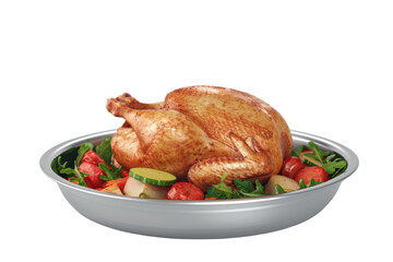 Roasted chicken in a skillet with vegetables