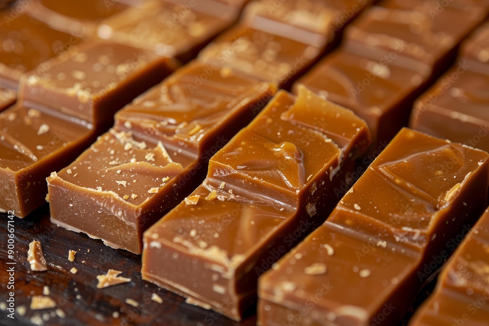 Sticker rich, delectable toffee milk chocolate bars arranged in rows, showcasing texture and detail