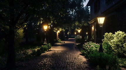 A serene night street scene illuminated by glowing street lamps, cobblestone path lined with lush...