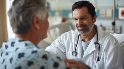 A doctor consulting a patient in a hospital room, providing compassionate care and support in a healthcare setting.