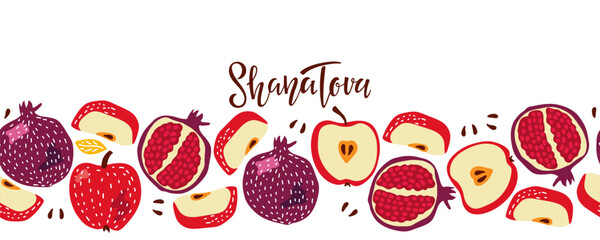 Shana Tova background. Seamless fruits pattern with Handwritten calligraphy lettering. Apple and pomegranate horizontal isolated composition. Happy Rosh Hashanah banner. Jewish New Year Holiday.