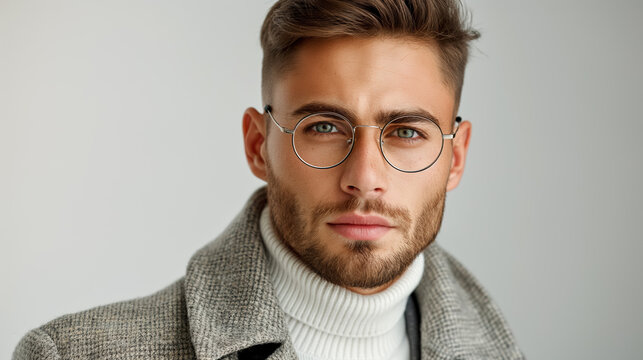 Handsome young man with a beard and glasses wearing a gray coat and a white turtleneck, looking confidently at the camera, exuding a sophisticated and stylish demeanor.