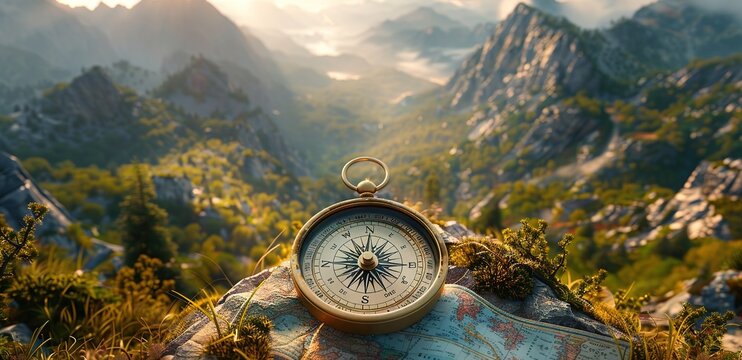 A compass on a rock with a landscape background and sunlight