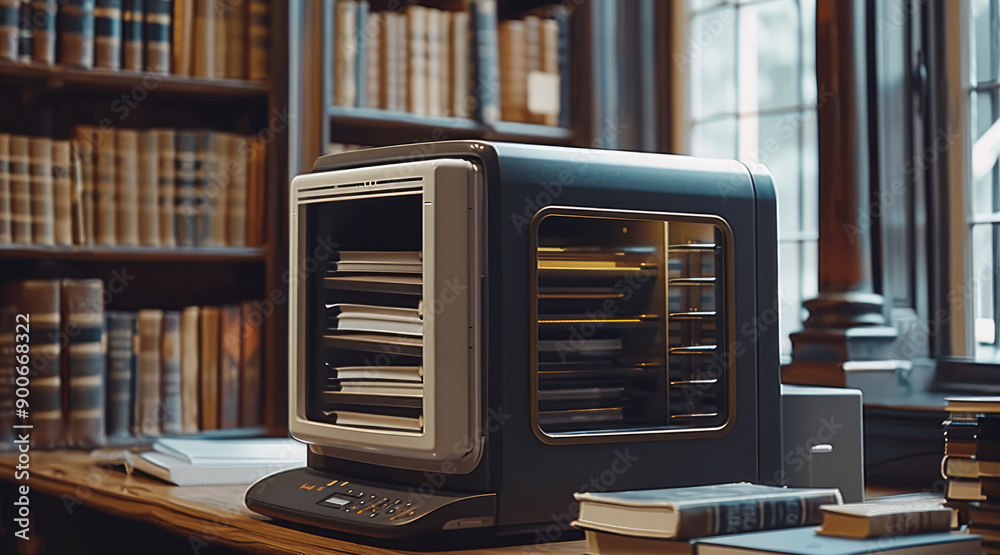 Fototapete a slick machine on a desk, its collects books and makes a document out of it. generative ai.